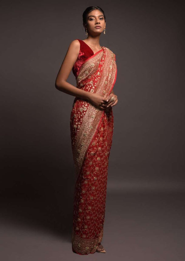 Scarlet Red Banarasi Saree In Georgette With Weaved Floral Jaal And Stone Work