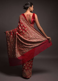 Scarlet Red Banarasi Saree In Georgette With Weaved Leaf Shaped Buttis And Stone Work Online - Kalki Fashion