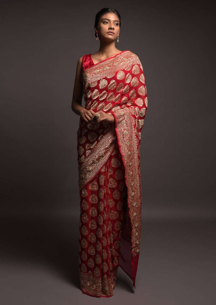 Scarlet Red Banarasi Saree In Georgette With Weaved Leaf Shaped Buttis And Stone Work Online - Kalki Fashion