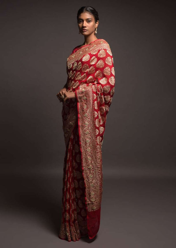 Scarlet Red Banarasi Saree In Georgette With Weaved Leaf Shaped Buttis And Stone Work Online - Kalki Fashion