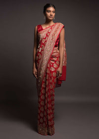 Scarlet Red Banarasi Saree In Georgette With Weaved Leaf Shaped Buttis And Stone Work Online - Kalki Fashion