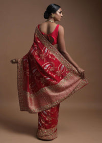 Scarlet Red Banarasi Saree In Georgette With Weaved Paisley Jaal And Thread Embroidered Border Online - Kalki Fashion