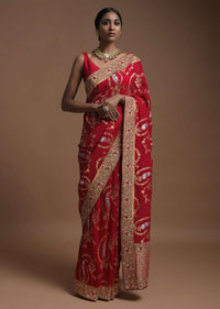 Scarlet Red Banarasi Saree In Georgette With Weaved Paisley Jaal And Thread Embroidered Border Online - Kalki Fashion