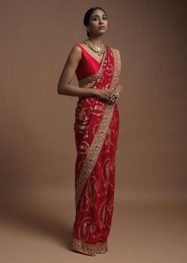 Scarlet Red Banarasi Saree In Georgette With Weaved Paisley Jaal And Thread Embroidered Border Online - Kalki Fashion