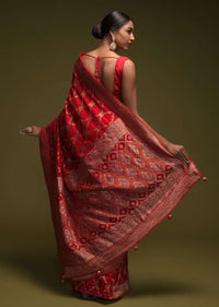 Scarlet Red Banarasi Saree In Silk Blend With Woven Mesh Jaal