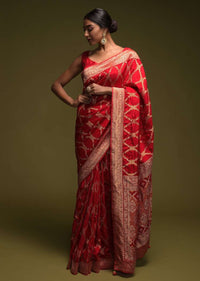 Scarlet Red Banarasi Saree In Silk Blend With Woven Mesh Jaal