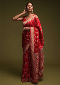 Scarlet Red Banarasi Saree In Silk Blend With Woven Mesh Jaal