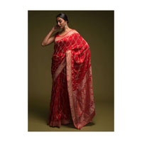 Scarlet Red Banarasi Saree In Silk Blend With Woven Mesh Jaal