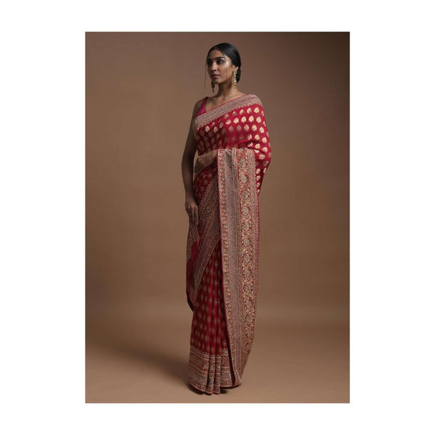 Scarlet Red Banarsi Saree In Georgette With Weaved Floral Mesh And Floral Jaal On The Pallu Online - Kalki Fashion