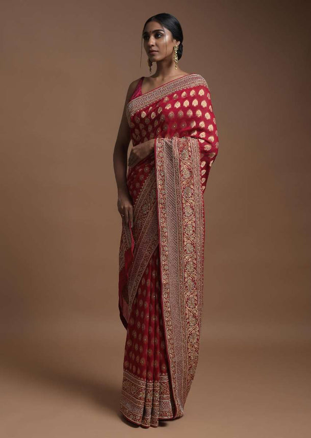 Scarlet Red Banarsi Saree In Georgette With Weaved Floral Mesh And Floral Jaal On The Pallu Online - Kalki Fashion