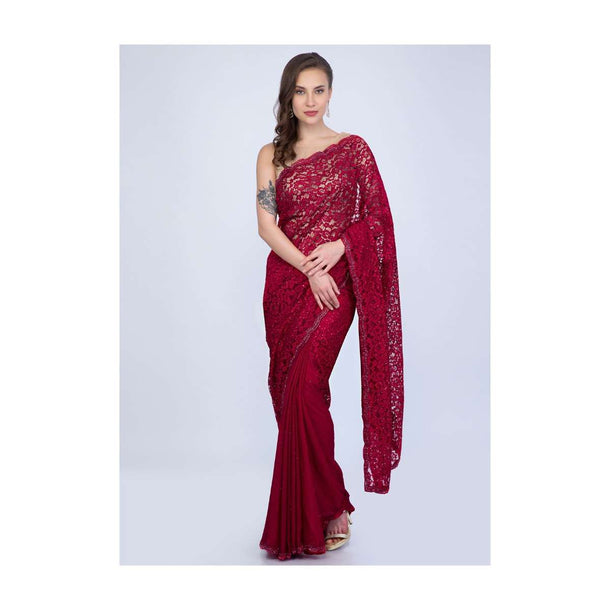 Scarlet red half an half saree featuring in chantilly lace and satin chiffon only on Kalki