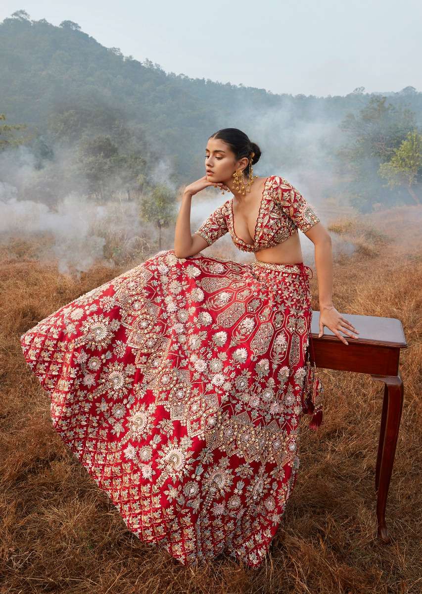 Scarlet Red Lehenga Choli In Raw Silk With 3D Flowers And Cut Dana Embroidered Summertime Flowers And Geometric Motifs