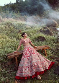 Scarlet Red Lehenga Choli In Raw Silk With Embossed Embroidery In Summertime Flowers And Mughal Motifs