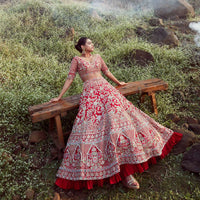 Scarlet Red Lehenga Choli In Raw Silk With Embossed Embroidery In Summertime Flowers And Mughal Motifs