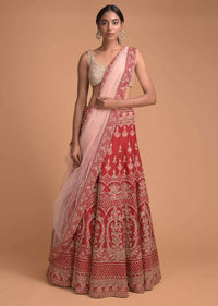 Scarlet Red Lehenga Choli In Raw Silk With Embroidered Floral And Scallop Pattern Scarlet Red Lehenga Choli