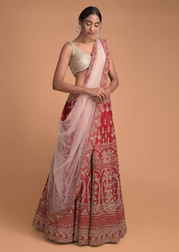 Scarlet Red Lehenga Choli In Raw Silk With Embroidered Floral And Scallop Pattern Scarlet Red Lehenga Choli