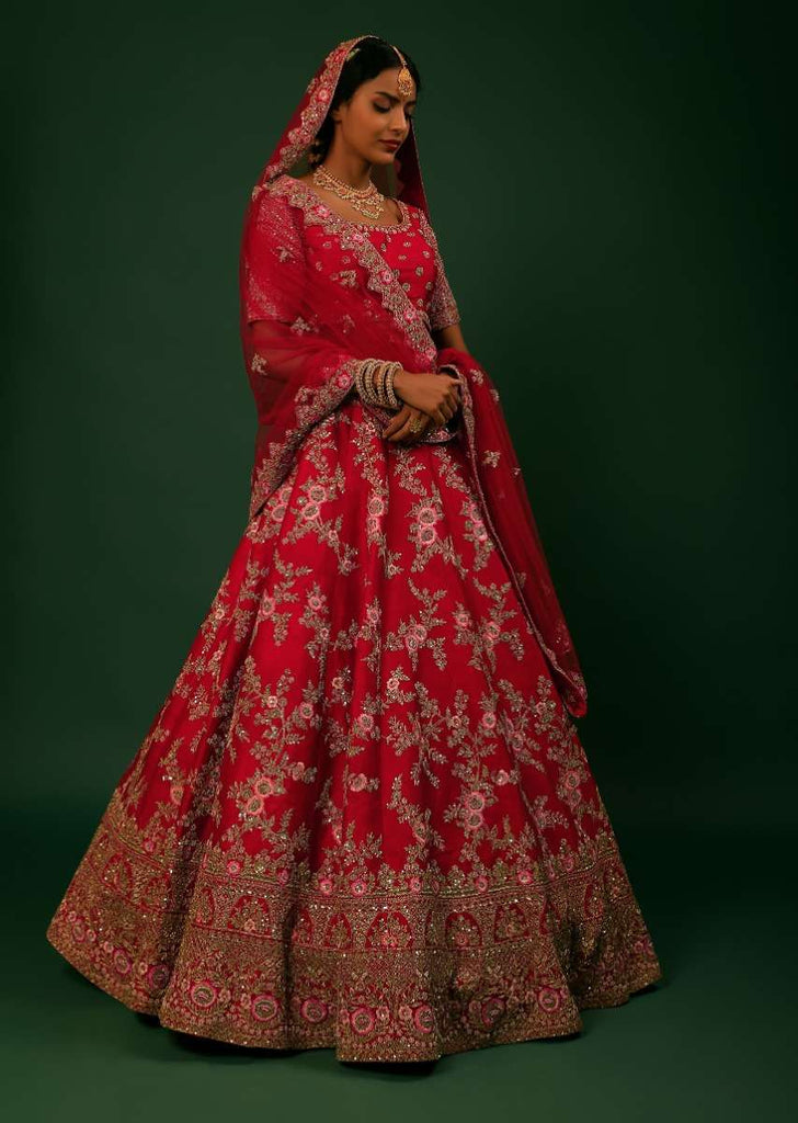 Scarlet Red Lehenga Choli In Raw Silk With Golden Zari Embroidered Heavy Mughal Border And Floral Jaal With Colorful Resham Flowers