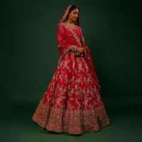 Scarlet Red Lehenga Choli In Raw Silk With Golden Zari Embroidered Heavy Mughal Border And Floral Jaal With Colorful Resham Flowers