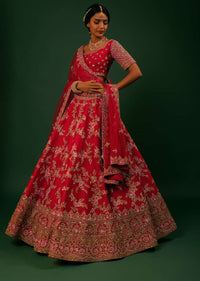 Scarlet Red Lehenga Choli In Raw Silk With Golden Zari Embroidered Heavy Mughal Border And Floral Jaal With Colorful Resham Flowers