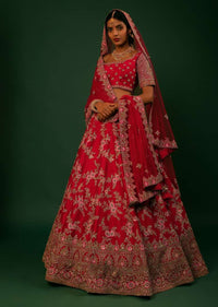 Scarlet Red Lehenga Choli In Raw Silk With Golden Zari Embroidered Heavy Mughal Border And Floral Jaal With Colorful Resham Flowers