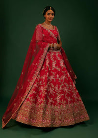 Scarlet Red Lehenga Choli In Raw Silk With Golden Zari Embroidered Heavy Mughal Border And Floral Jaal With Colorful Resham Flowers