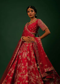 Scarlet Red Lehenga Choli In Raw Silk With Golden Zari Embroidered Heavy Mughal Border And Floral Jaal With Colorful Resham Flowers