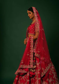 Scarlet Red Lehenga Choli In Raw Silk With Golden Zari Embroidered Heavy Mughal Border And Floral Jaal With Colorful Resham Flowers