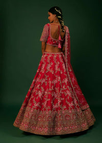 Scarlet Red Lehenga Choli In Raw Silk With Golden Zari Embroidered Heavy Mughal Border And Floral Jaal With Colorful Resham Flowers