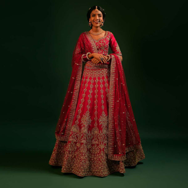 Scarlet Red Lehenga Choli In Raw Silk With Zardosi And Colorful Resham Embroidered Ethnic Kali Design