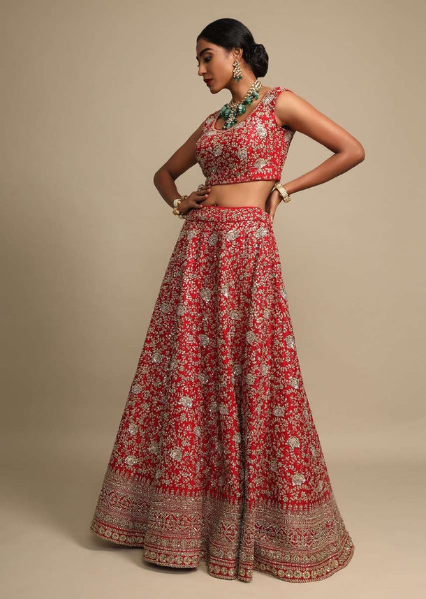 Scarlet Red Lehenga Choli In Raw Silk With Zari And French Knots Embroidered Floral Jaal Online - Kalki Fashion