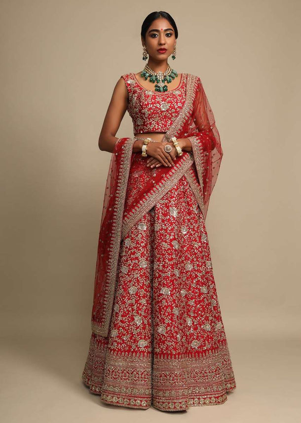 Scarlet Red Lehenga Choli In Raw Silk With Zari And French Knots Embroidered Floral Jaal Online - Kalki Fashion