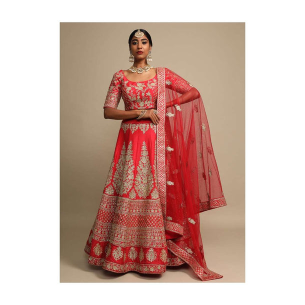 Scarlet Red Lehenga Choli In Raw Silk With Zari Embroidered Floral Kalis And Ethnic Border Online - Kalki Fashion