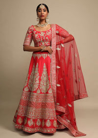 Scarlet Red Lehenga Choli In Raw Silk With Zari Embroidered Floral Kalis And Ethnic Border Online - Kalki Fashion