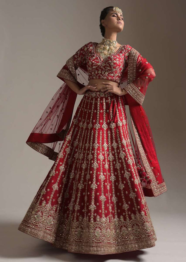 Scarlet Red Lehenga Choli In Raw Silk Zari And Resham Embroidered Floral Motifs In Vertical Stripes