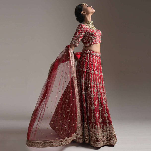 Scarlet Red Lehenga Choli In Raw Silk Zari And Resham Embroidered Floral Motifs In Vertical Stripes