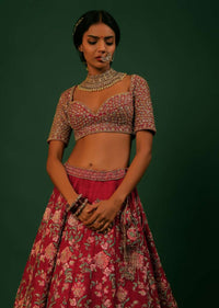 Scarlet Red Lehenga Choli With Colorful Resham And Zardosi Embroidered Flowers And Heavy Border With Honeycomb And Moroccan Motifs