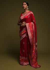 Scarlet Red Saree In Art-Loom Silk With Woven Patola Border And Abla Work Online - Kalki Fashion