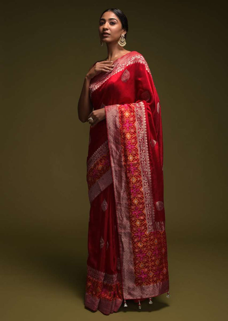 Scarlet Red Saree In Art-Loom Silk With Woven Patola Border And Abla Work Online - Kalki Fashion