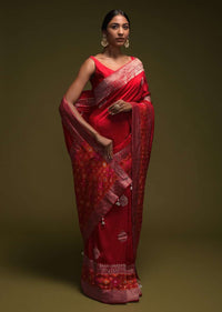 Scarlet Red Saree In Art-Loom Silk With Woven Patola Border And Abla Work Online - Kalki Fashion