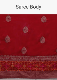 Scarlet Red Saree In Art-Loom Silk With Woven Patola Border And Abla Work Online - Kalki Fashion