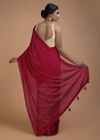 Scarlet Red Saree In Chiffon With Badla Work All Over Online - Kalki Fashion