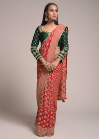 Scarlet Red Saree In Georgette With Bandhani Print And Brocade Mesh Design Online - Kalki Fashion