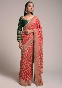 Scarlet Red Saree In Georgette With Bandhani Print And Brocade Mesh Design Online - Kalki Fashion