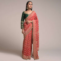 Scarlet Red Saree In Georgette With Bandhani Print And Brocade Mesh Design Online - Kalki Fashion