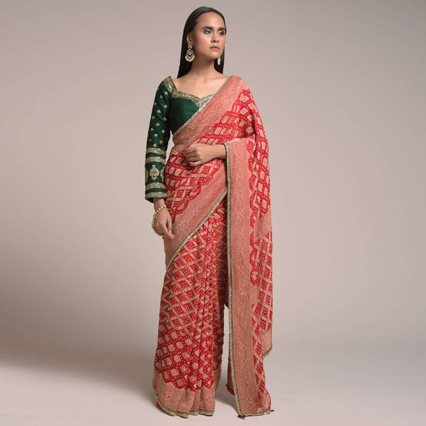 Scarlet Red Saree In Georgette With Bandhani Print And Brocade Mesh Design Online - Kalki Fashion