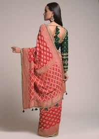 Scarlet Red Saree In Georgette With Bandhani Print And Brocade Mesh Design Online - Kalki Fashion