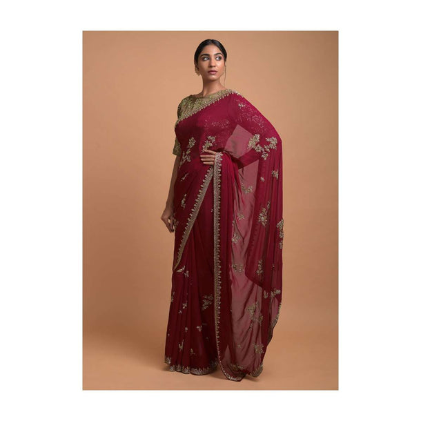 Scarlet Red Saree In Georgette With Cut Dana And Sequins Embroidered Floral Motifs Online - Kalki Fashion