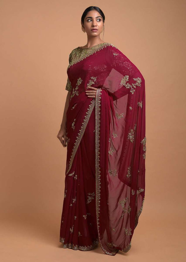 Scarlet Red Saree In Georgette With Cut Dana And Sequins Embroidered Floral Motifs Online - Kalki Fashion