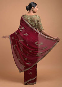 Scarlet Red Saree In Georgette With Cut Dana And Sequins Embroidered Floral Motifs Online - Kalki Fashion
