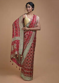 Scarlet Red Saree In Georgette With Weaved Checks And Bandhani Pattern All Over Online - Kalki Fashion